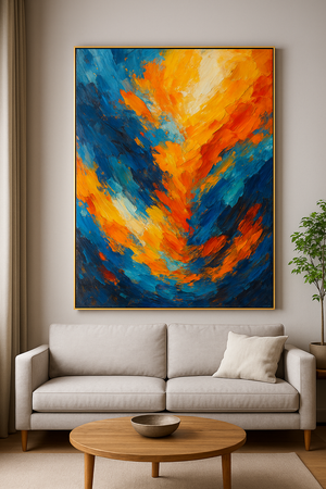 Bold, layered abstracts (brushstrokes, geometric fusion, expressionist style).
Luxury lofts, art gallery-style rooms.
Large-format pieces (oversized canvases as statement walls).