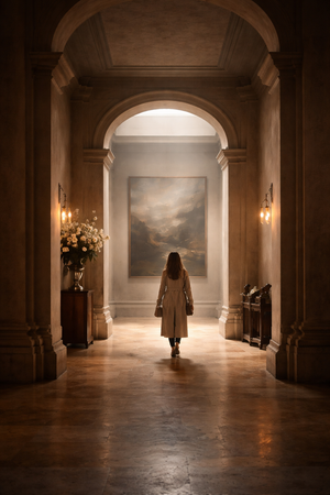 Woman walking down a dimly lit hallway with a large painting on the wall.