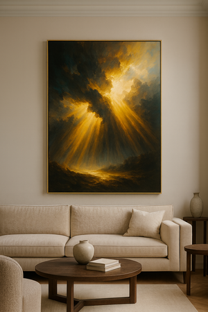 Color-rich canvases (vivid blues, yellows, reds, metallic accents).

Shown in bright, modern living spaces with white or neutral walls.

Detail photos showing the vibrancy of pigments.